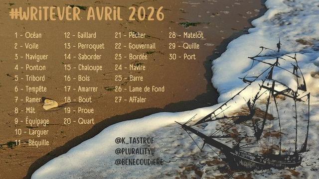Liste du Writever d'Avril 2026. Liste de mots sur une illustration de plage avec un voilier.